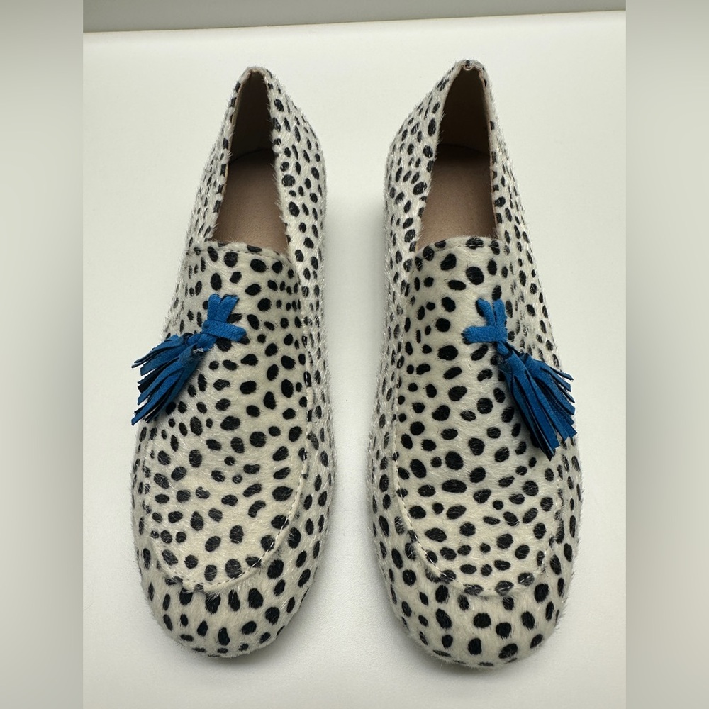Black and White Polka Dot Loafers with Blue Tassels - Picture 2 of 4